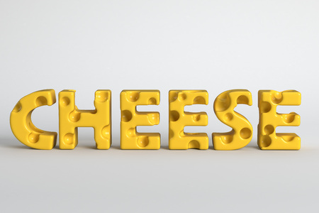 3d render illustration of the word cheese on white backgroundの写真素材