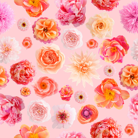 Seamless pattern with handmade crepe paper flowers on pink colored backgroundの写真素材