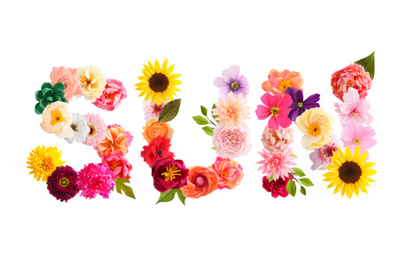 Word sun made of crepe paper flowers isolated on white backgroundの写真素材
