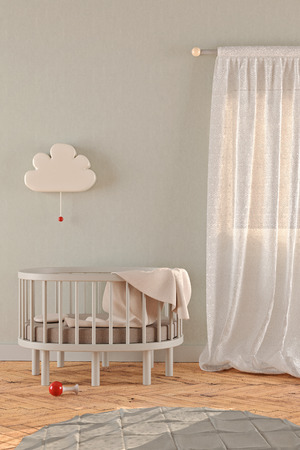 3D rendering of a gender neutral nursery with a crib, window curtains, a lamp and a carpet in pastel colorsの写真素材