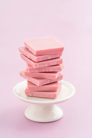 Broken pink Ruby chocolate bar pieces, made from ruby cocoa beans, piled up on a miniature cake...