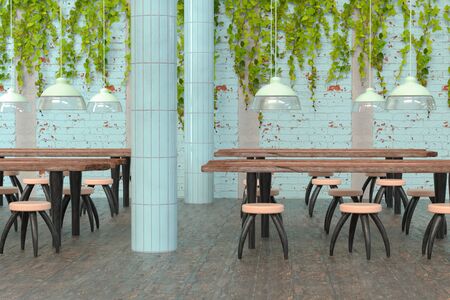 3D rendering of a modern hipster restaurant with rustic wooden tables and ivy hanging from the walls