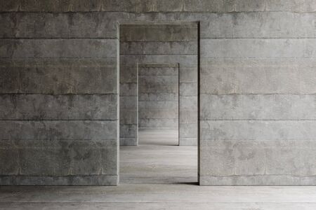 3D rendering of a hallway with concrete walls and floorの写真素材