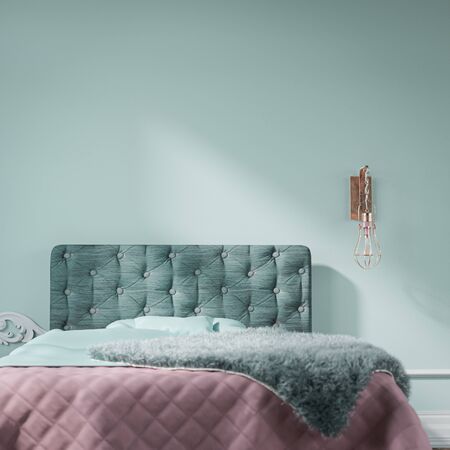 3D rendering of a bedroom with a double bed and empty walls, mockupの写真素材