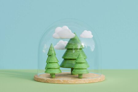 3D rendering of miniature trees and clouds under a glass dome, copy spaceの写真素材