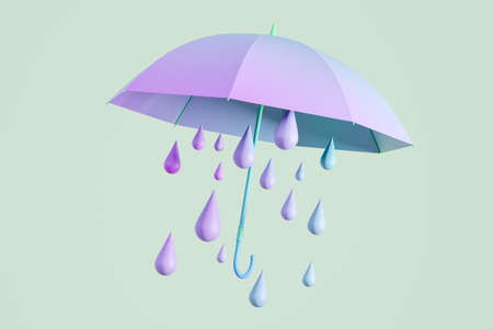 Illustration of a pastel colored umbrella with big raindrops, 3D renderingの写真素材