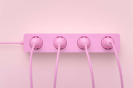 Pink multi-outlet power strip on the wall, 3D renderingの写真素材