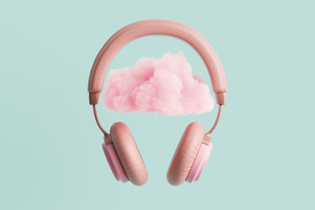 Pink headphones with a pink cloud on turquoise background, 3D renderingの写真素材