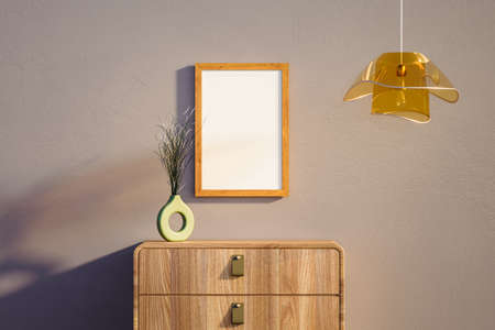 Wooden sideboard with empty picture frame and hanging wall lamp, mock up, 3D illustrationの写真素材