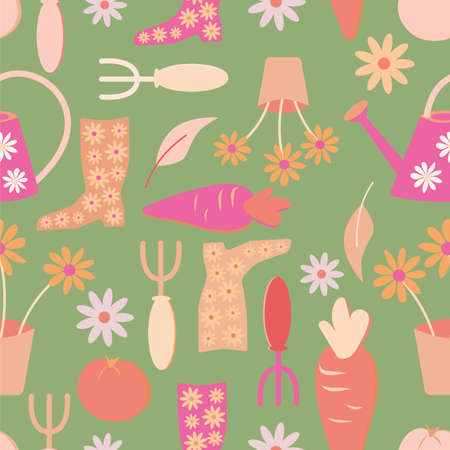 Gardening symbols seamless repeating pattern illustration on green backgroundの写真素材