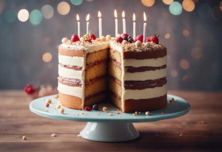 Multi-layer birthday cake, with lit candles ready for a wish, crowned with a selection of fresh berries and nuts, set against a backdrop of warm bokeh lightsの素材