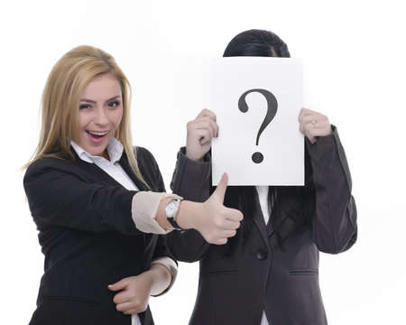 business concept woman on white background showing papersの写真素材