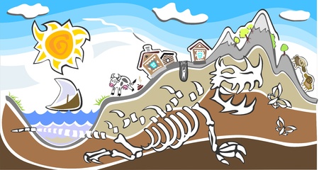 little village living over a giant dinosaur skeletonのイラスト素材