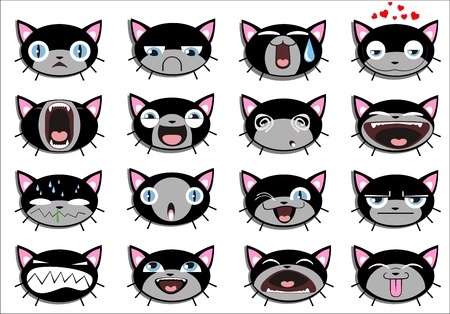 Set of 16 smiley kitten faces. all groupedのイラスト素材