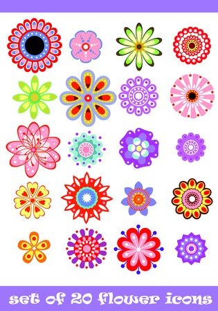 20 isolated decorative colorful flower setのイラスト素材