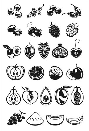 fruits and berry black and white iconsのイラスト素材
