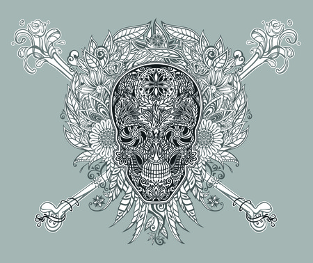 human skull made of flowers, vector illustrationのイラスト素材