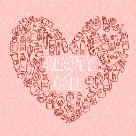 doodle cosmetic products heart shaped backgroundのイラスト素材