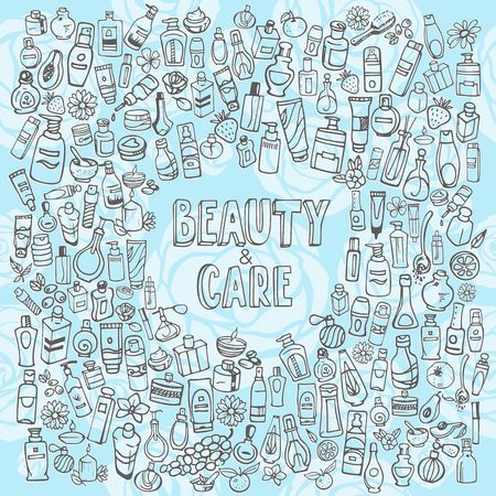 doodle cosmetics and self-care iconsのイラスト素材