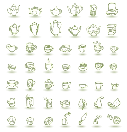 cups cupcakes fruits and teapots doodle iconsのイラスト素材