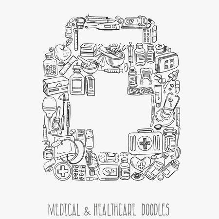 Health care and medicine doodle background. Vector illustrationのイラスト素材