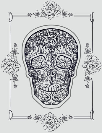 human skull made of flowers, vector illustrationのイラスト素材