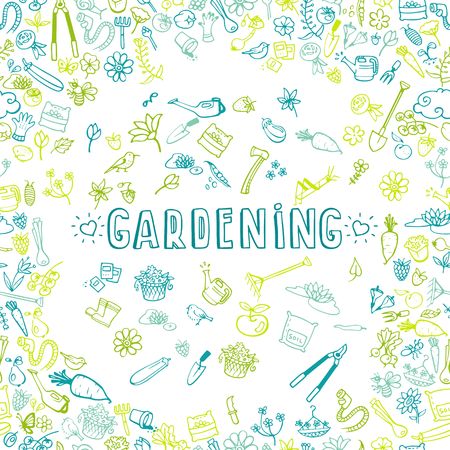 hand drawn garden icons background, vector illustrationのイラスト素材