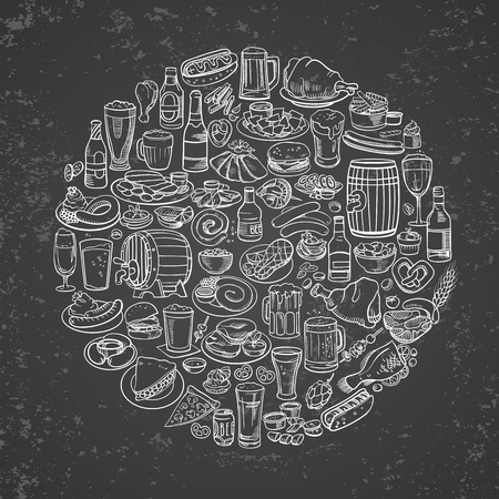 sketchy beer and snacks, hand drawn vector backgroundのイラスト素材