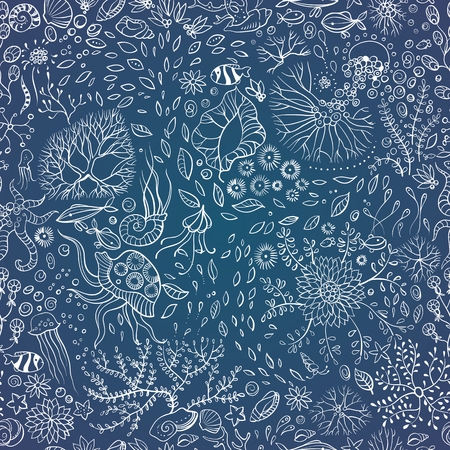 underwater life with jellyfish, fish, seaweed, vectorのイラスト素材