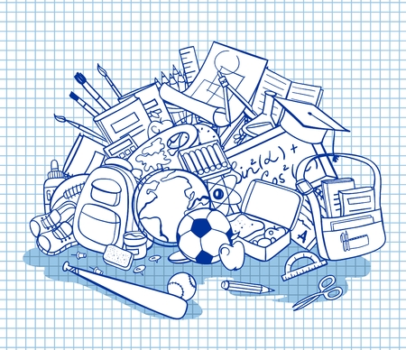 freehand school items in a pile, vector setのイラスト素材