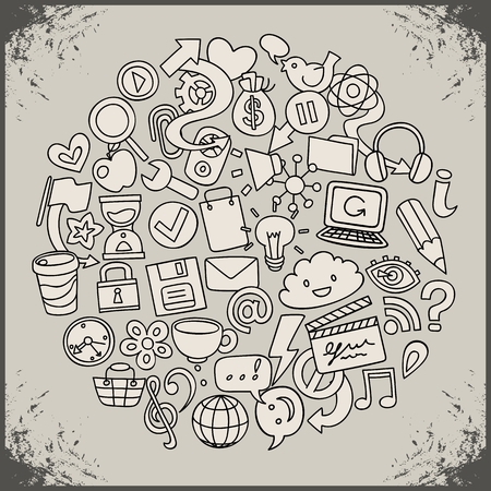 hand drawn social network symbols on a grungy backdropのイラスト素材