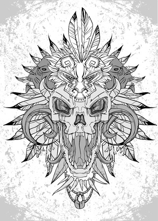 vector screaming skull face with feathered headdressのイラスト素材