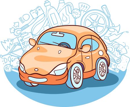 car drawing with different automobile related symbols on backgroundのイラスト素材