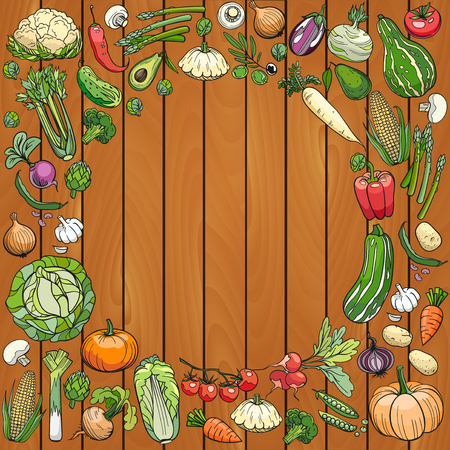hand drawn vegetables on a wooden deckのイラスト素材