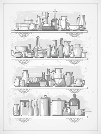 different kitchen dinnerware on shelves, illustrationのイラスト素材