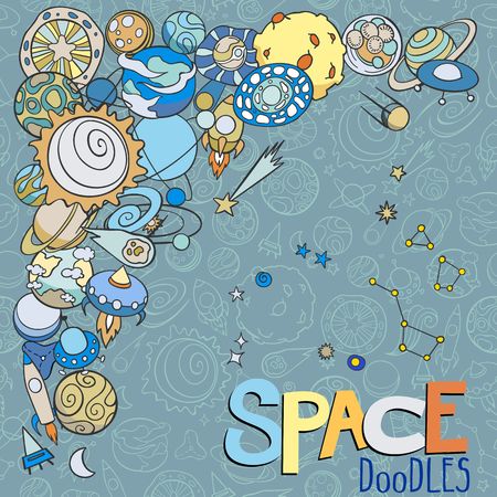 hand drawn doodles of planets ans space objectsのイラスト素材