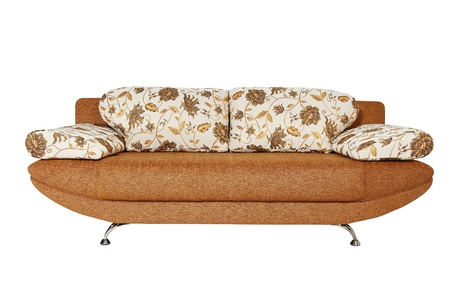 brown sofa with fabric upholstery isolated on white backgroundの写真素材