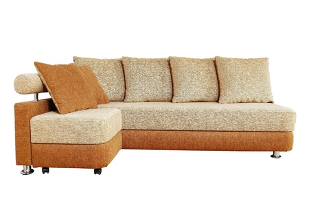 brown sofa with fabric upholstery isolated on white backgroundの写真素材