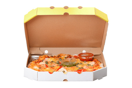 pizza in box isolated on white backgroundの写真素材