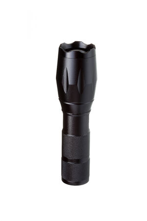 Black metal flashlight isolated on white backgroundの写真素材