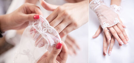 Wedding gloves on hands of bride, close-upの写真素材