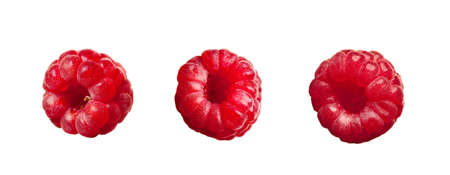 juicy red ripe raspberries isolated on white backgroundの写真素材
