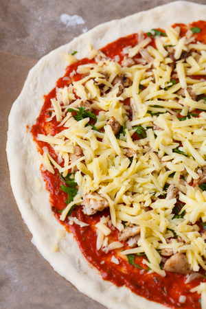 the Italian pizza with cheese and chikenの写真素材