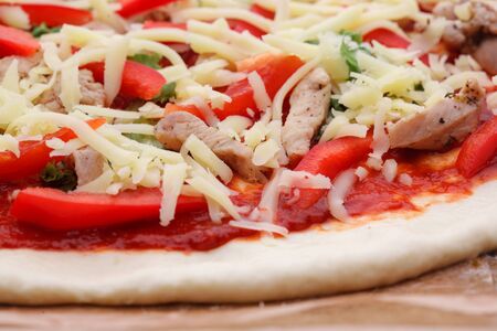 the Italian pizza with cheese and chikenの写真素材