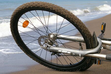 Bicycle wheel on sea sandy coast  の写真素材