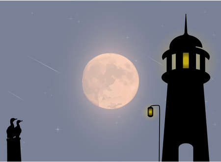 The design of the lighthouse with the background of the moonのイラスト素材