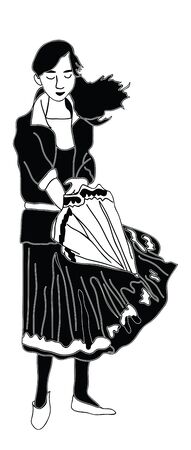 The girl with the umbrella. Black and white vector illustrationのイラスト素材