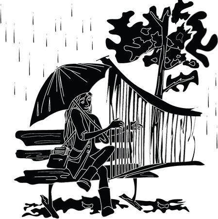 Woman holding umbrella while playing an instrument, woman under the rainのイラスト素材