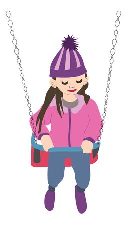 Spring girl walk and swing. colored vector illustration in purple tones on a white backgroundのイラスト素材