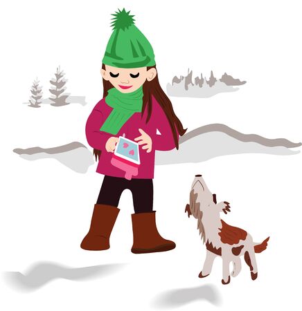 spring vacation on a fun walk. a young, beautiful girl with a mobile phone walks with a smart dog. color vector, children's illustration.のイラスト素材